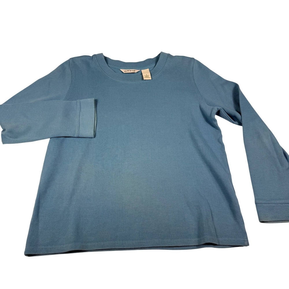 Orvis Ribbed Long Sleeve Sweatshirt Top S Blue/Green Cotton Crew Neck Spring